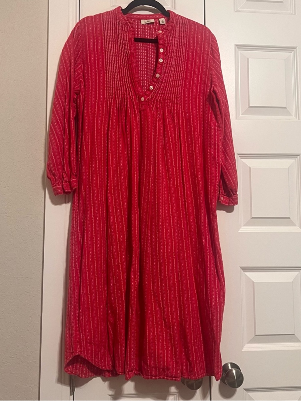 LL Bean Dobby Nightgown Flannel Red Pintuck Prairie Cottagecore